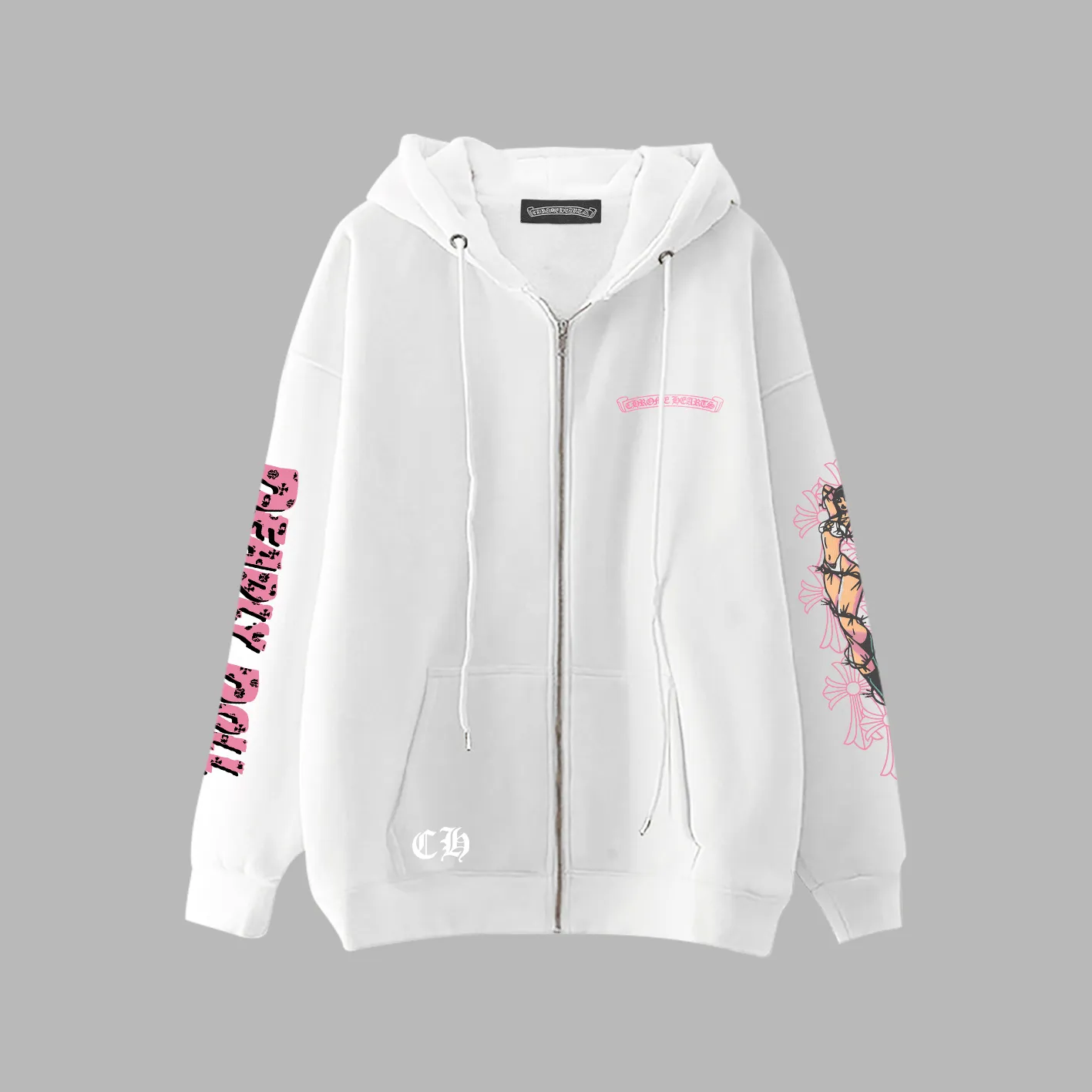 Q20—P230 -Chrome Hearts/Chrome Hearts printed zipper sweatshirt cardigan jacket -420 grams of high-density, high-quality wool, soft, delicate and skin-friendly, soft and silky to the touch, warm and skin-friendly -The hardware zipper accessories are all customized and full of details -Colour: white -Size: S M L XL